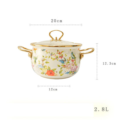 Enamel Soup Pot Retro Flower Bird Binaural Large Capacity Stew Pot with Lid Home Enamel Utensils for Kitchen Delicate Cookware