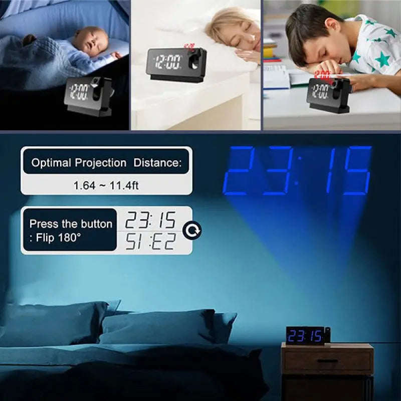 180 ° ARM Projection Digital Alarm Clock Temperatur Fugtighed Nattilstand Snooze Bordur 12/24 timer USB Projector LED -ur