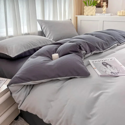 2-side Solid Color Brush Fabric Bed Set 4 Pieces Duvet Cover Pillowcase Bedding Set Bed Sheet Quilt Cover Single Queen King Size