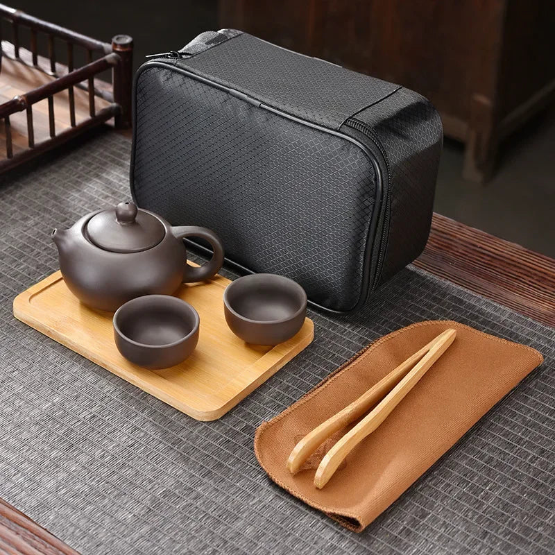 Purple Clay Travel Tea Set Outdoor Portable Kung Fu Tea Set Teas Infuser Teapot Teacup Filter Teas Brewing Utensils Teaware Sets