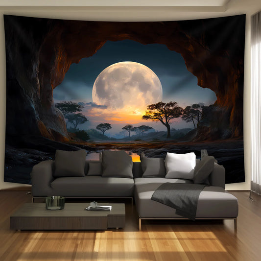 1 piece Tranquil Cave Forest Moon Scenery Tapestry - Polyester fabric, machine washable, suitable for living room, bedroom