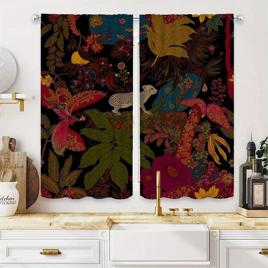 2pcs Tropical Rainforest Curtains - Black Background with Leopard, Birds & Floral Print, Polyester Velvet Fabric, Rod Pocke