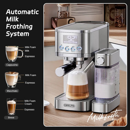 Cafelffe 3in1 Semi Automatic Espresso Cappuccino Latte Coffee Machine Automatic Milk Froth Ground Coffee Stainless Steels 20Bar