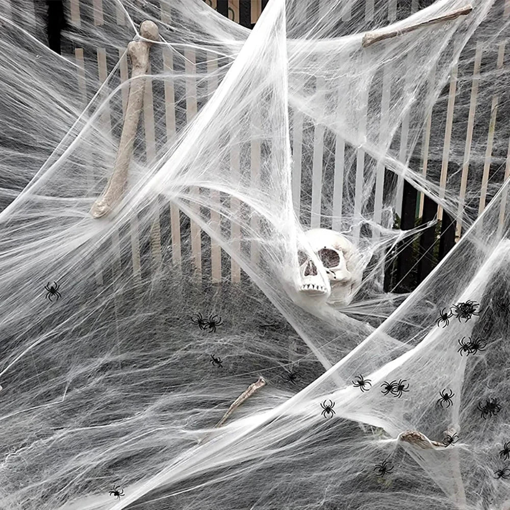 Web araignée artificielle, décorations d'halloween d'horreur d'araignée, araignée extensible avec araignée, décoration intérieure d'horreur gothique