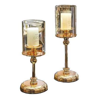 1pc Golden Glas Käerzenhändler fir Pillar Candle Käerzesthausen fir Iessen Table Hochzäitsuntersevenementer, déi de Decoor sinn