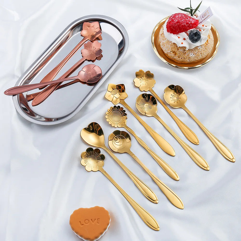 8st rostfritt stål Cherry Rose Flower Gold Scoop Coffee Spoon Gift Kitchen Dessert Tea Accessories Table Decoration Set