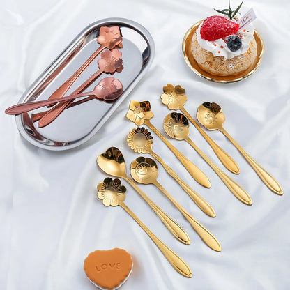 8pcs acero inoxidable cerezo rosa flores de oro cucharada de la cuchara de café regalos de té accesorios de té de la cocina decoración de vajillas conjuntos