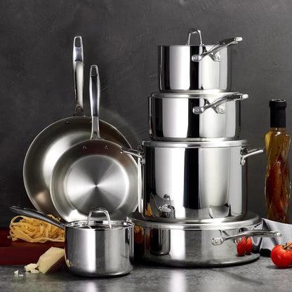 Tri-Ply Clad Stainless Steel 12-Piece Cookware Set with Lids, Pots and Pans Kitchen Set, Induction-Ready, Dishwasher-Safe, NSF-