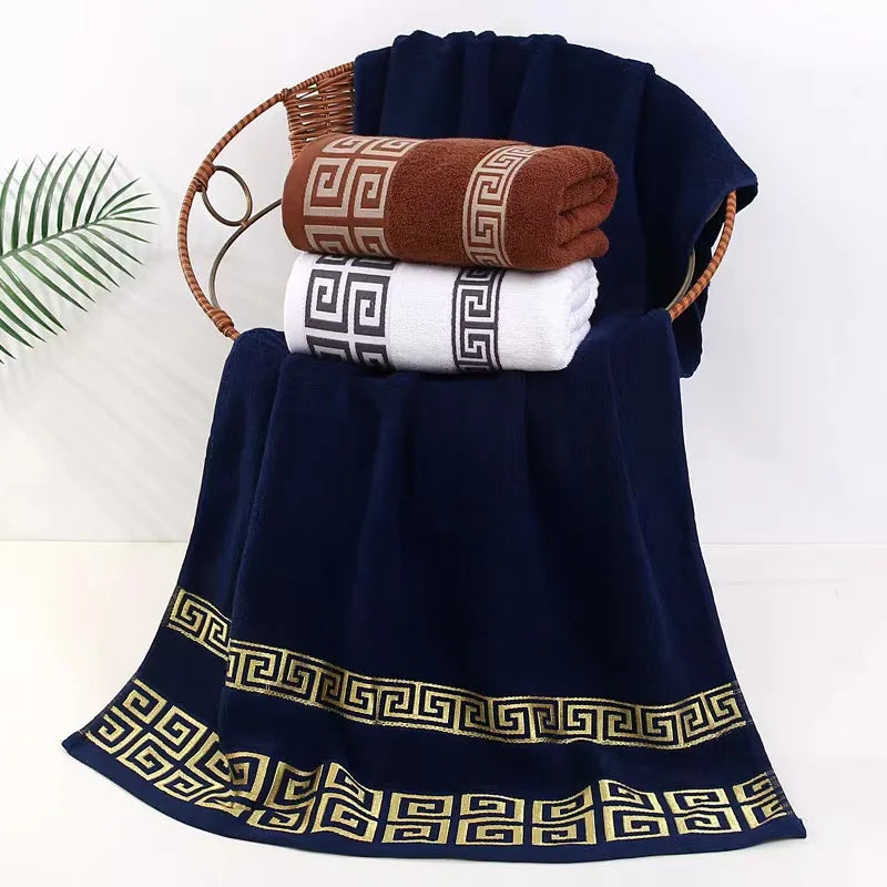 2pcs Set Cotton Towel 1pcs Hand Towel 34x74cm and 1pcs Big Bath Towel 70x140cm Blue White Brown Geometric Embroidered Gift Towel