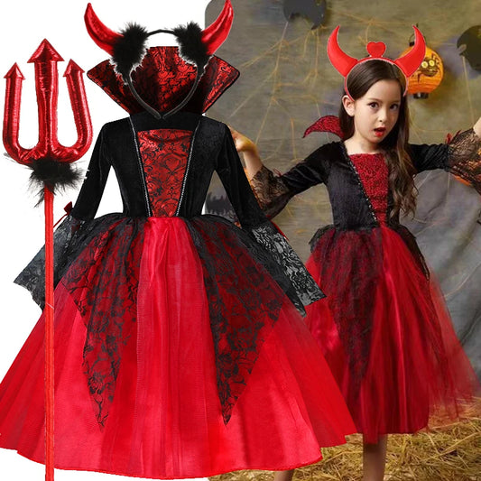 2024 Tyttöjen cosplay Vampire Halloween -mekko lapsille Ghost Bride Gothic Puku kreivi Vampiranin karnevaali asu musta punainen vaatteet