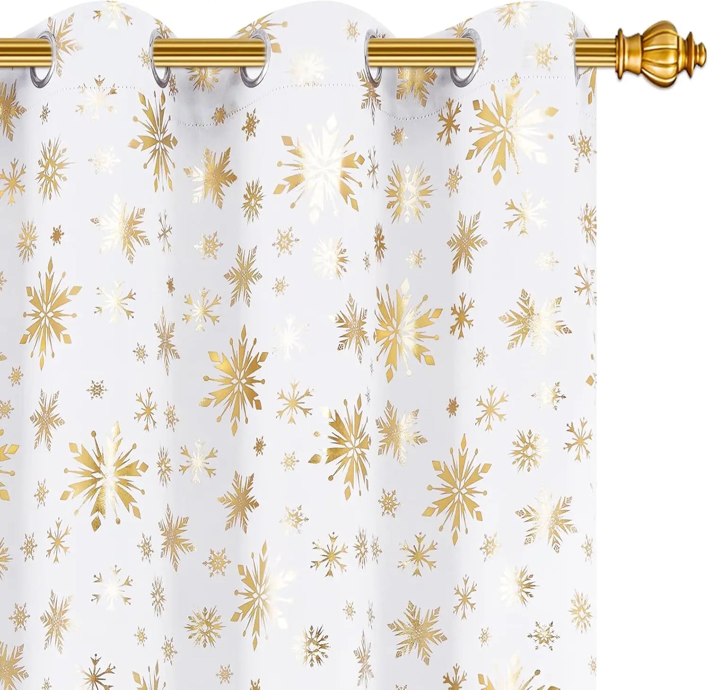 Blackout Christmas Curtains, suitable for living rooms and bedrooms, with gold snowflake foil print.