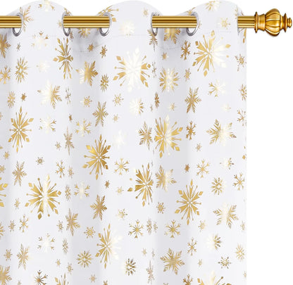 Blackout Christmas Curtains, suitable for living rooms and bedrooms, with gold snowflake foil print.