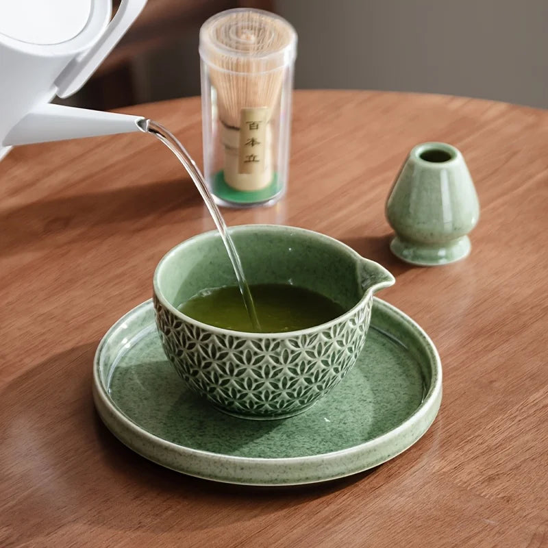 Japanese Matcha Set 2/5/6 Pieces - Green Pattern Tea Bowl, Bamboo Stirrer, Spoon & Filter - Traditional Japanese Tea Ceremony