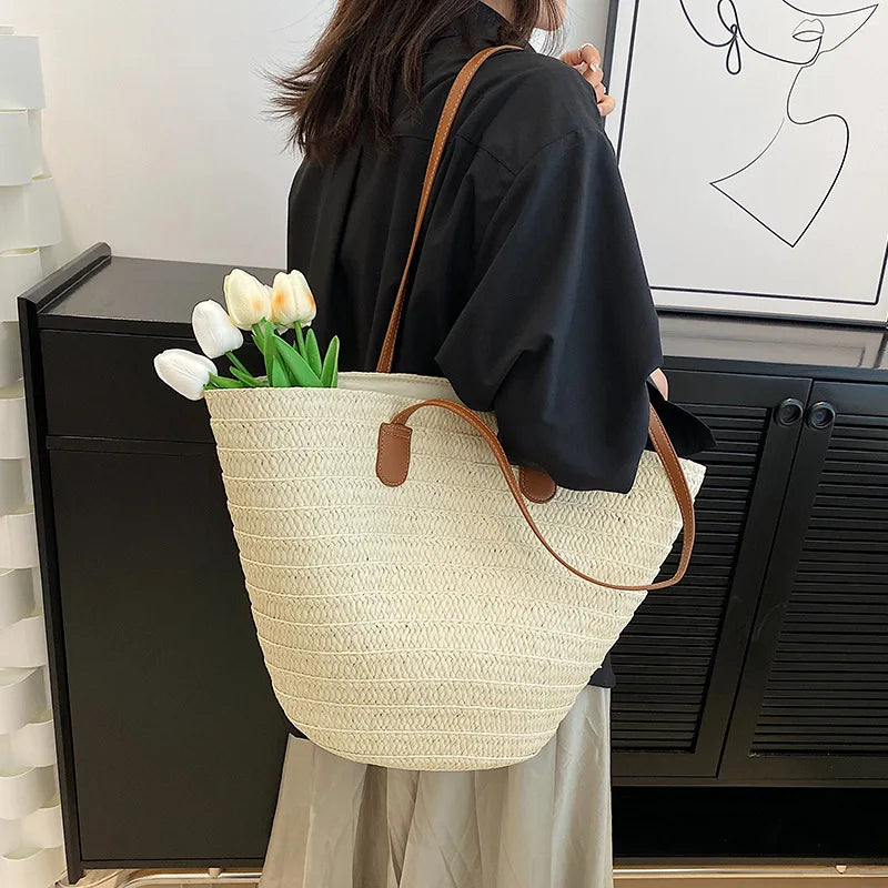 Women's Large Capacity Shoulder Bag Summer Straw Woven Basket Handbag Fashion Female Luxury Designer Beach Bag Bali Shopper Tote