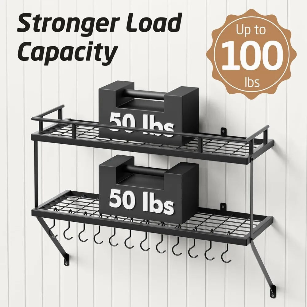 30-Inch Kitchen Pot Rack - Mounted Hanging Rack for Kitchen Storage and Organization - Matte Black 2-Tier Wall Shelf with Guard