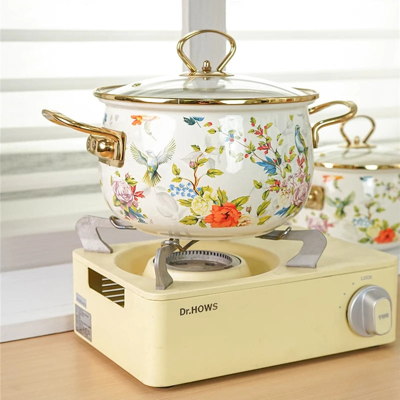 Enamel Soup Pot Retro Flower Bird Binaural Large Capacity Stew Pot with Lid Home Enamel Utensils for Kitchen Delicate Cookware