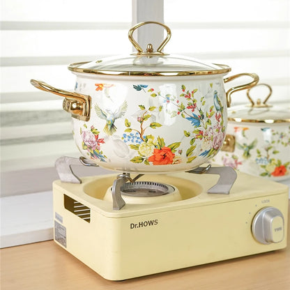 Enamel Soup Pot Retro Flower Bird Binaural Large Capacity Stew Pot with Lid Home Enamel Utensils for Kitchen Delicate Cookware