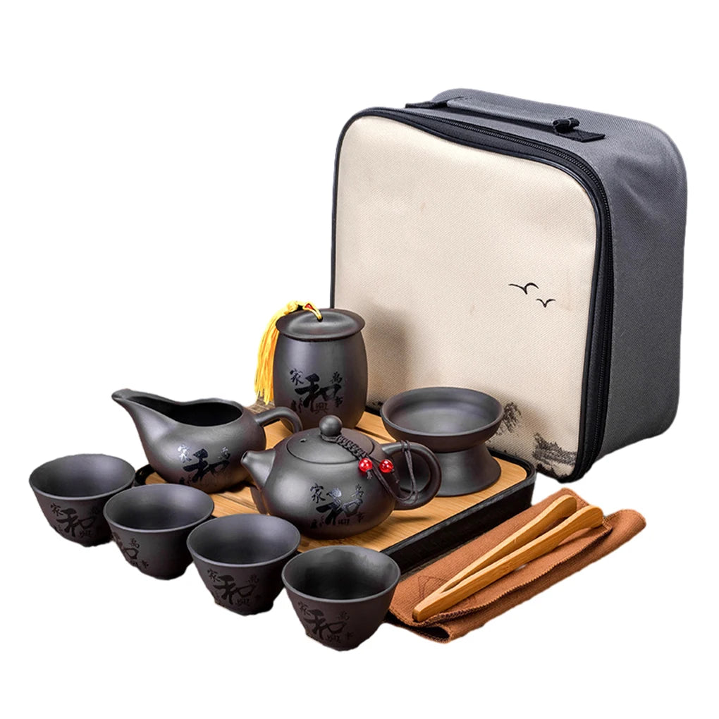 10PCS Purple Clay Kung Fu Tea Set Chinese Tea Set Porcelain Tea Cup Set Teapot Tea Cup Portable Tea Set Storage Bag
