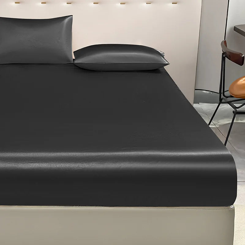 1pcs 2025 new pure black satin waterproof fitted sheet single piece pillowcase urine mattress protective cover