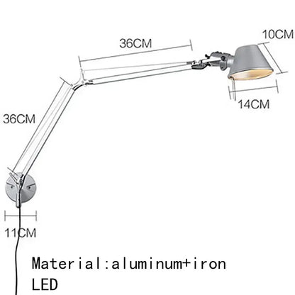 Italian Long Arm LED Wall Lamp Silver Black Metal Bedroom Study Reading Lights E27 Switch Rotatable Adjustable Lighting Decor