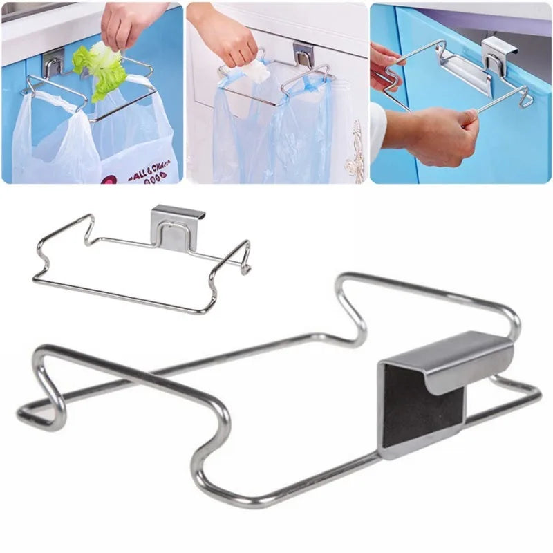 Stainless Steel Trash Bag Holder Garbage Storage Holder Kitchen Trash Rack Cabinets Door Grocery Bags Organizer Towel Hanging