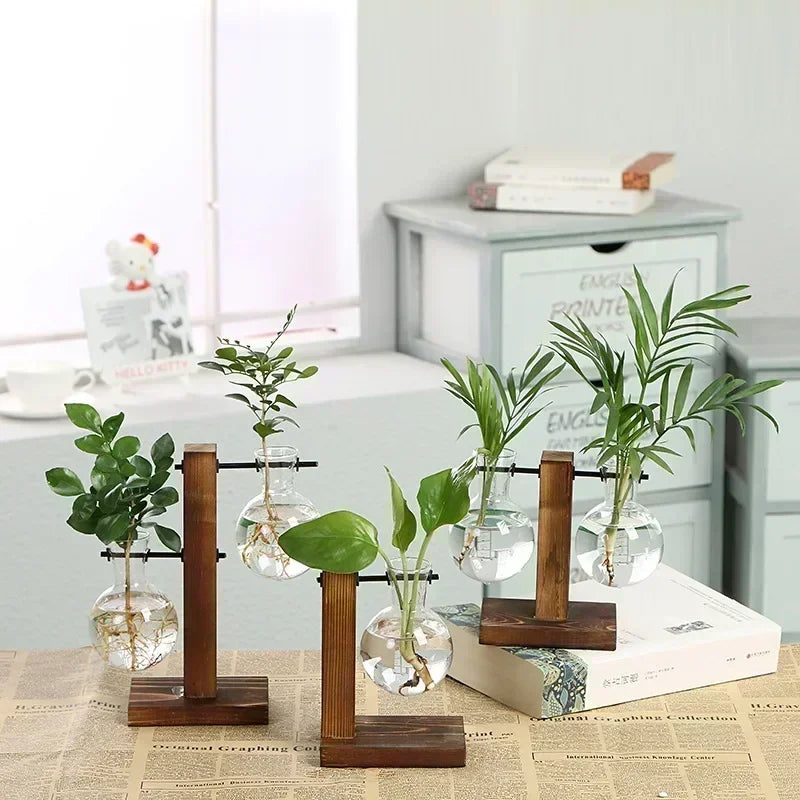 Terrarium Hydroponic Plant Vases Vintage Flower Pot Transparent Vase Træ ramme Glas Tableplanter Hjem Bonsai -indretning