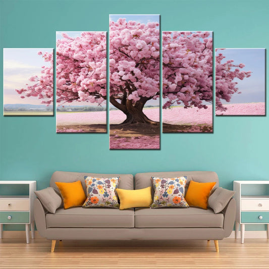 5 Piece HD Printed Home Decor Canvas Art Blossoming Pink Flowering Tree Painting Modular Wall Picture for Room Salon Decoration
