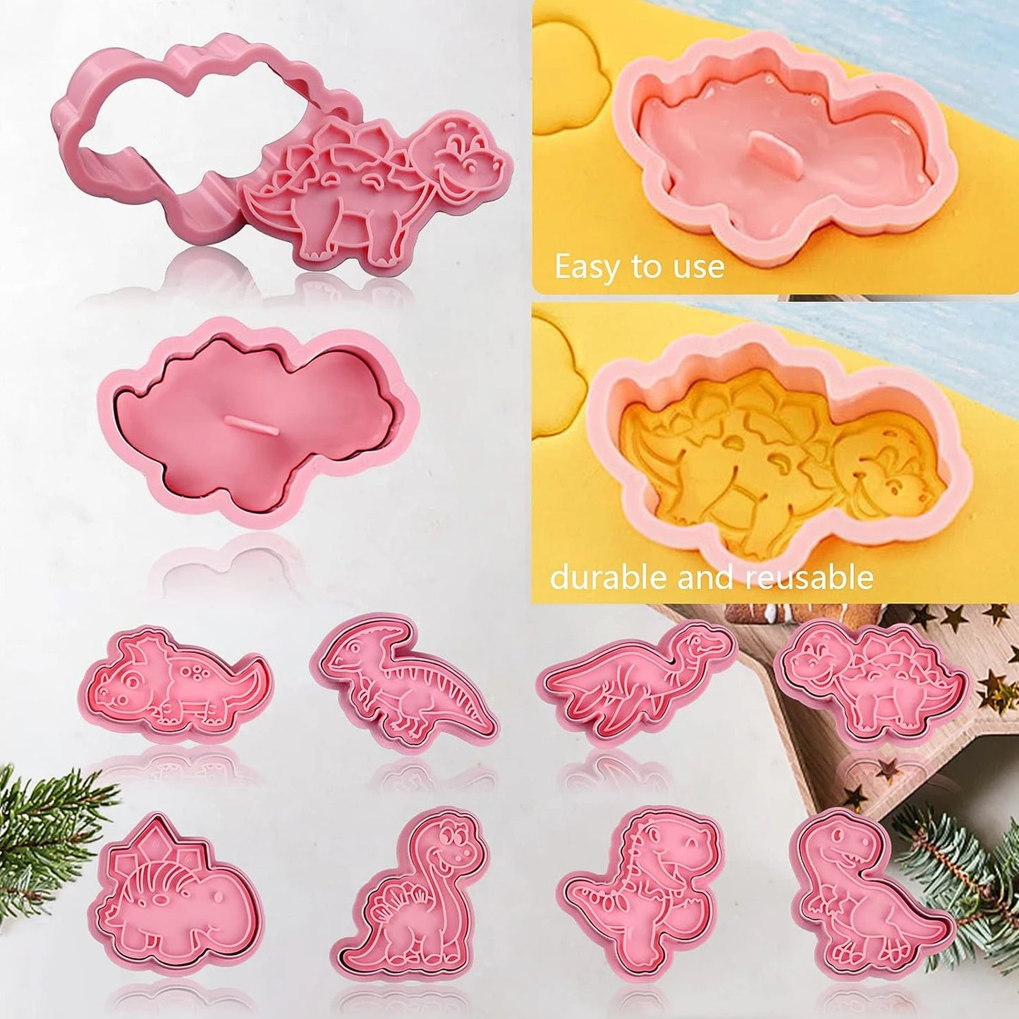 8Pcs Set Cookies Cutters Dinosaur Plastic Cartoon Pressable Biscuit Mold Confectionery Cookie Stamp Baking Pastry Bakeware Tools