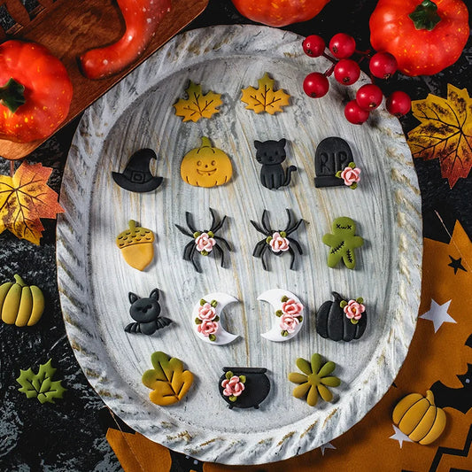 Halloween Series Polymer Clay Cutters Leaves Cat Bat Spider Ghost Pumpkin Shaped Soft Pottery Clay Mold for DIY Earrings Making