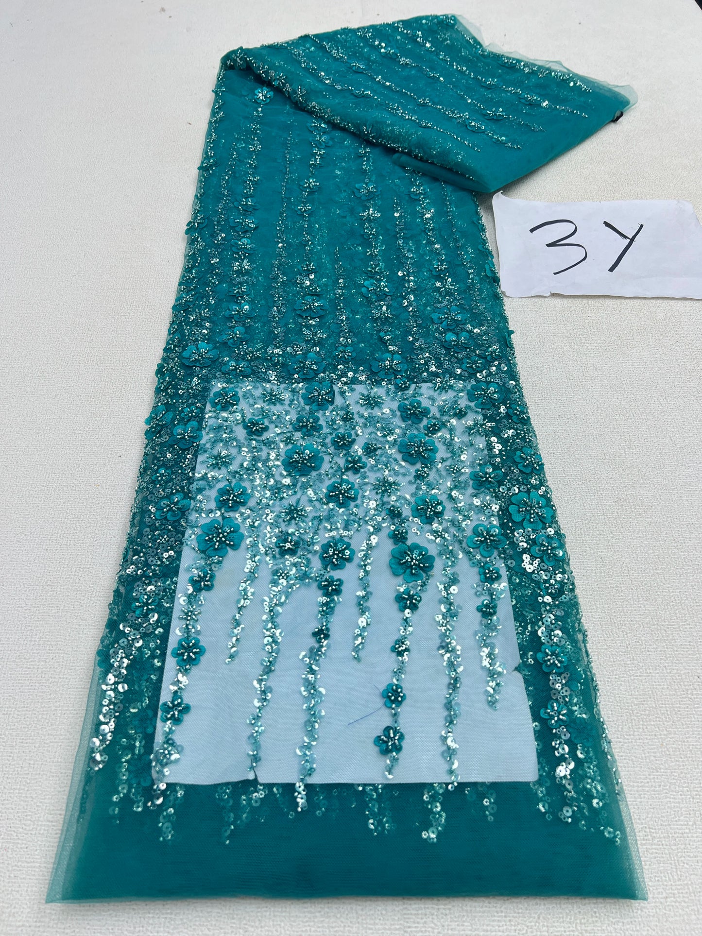 African Sequins Beaded Lace Fabrics  3 yards High Quality Sequence Embroidery French Nigerian Lace Fabric For Wedding Sewing