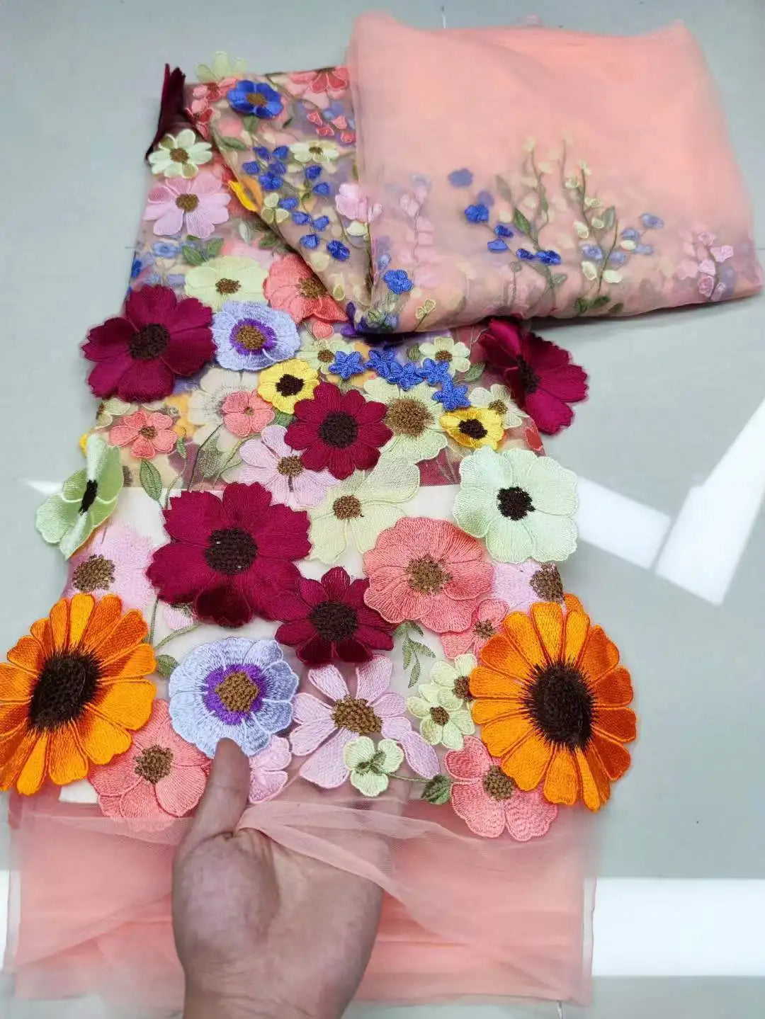 Colorful 3D Flower Lace Fabric DIY Wedding Dress Luxury Latest Three - dimensional sunflower floating soft mesh embroidery lace