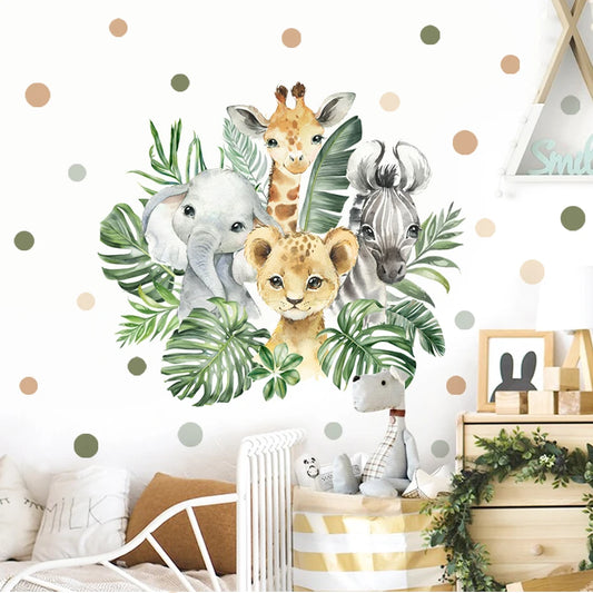 Cartoon Jungle Animals Leaves Watercolor Vinyl Wall Stickers for Kids Room Baby Nursery Room Decoration Elephant Giraffe Sticker