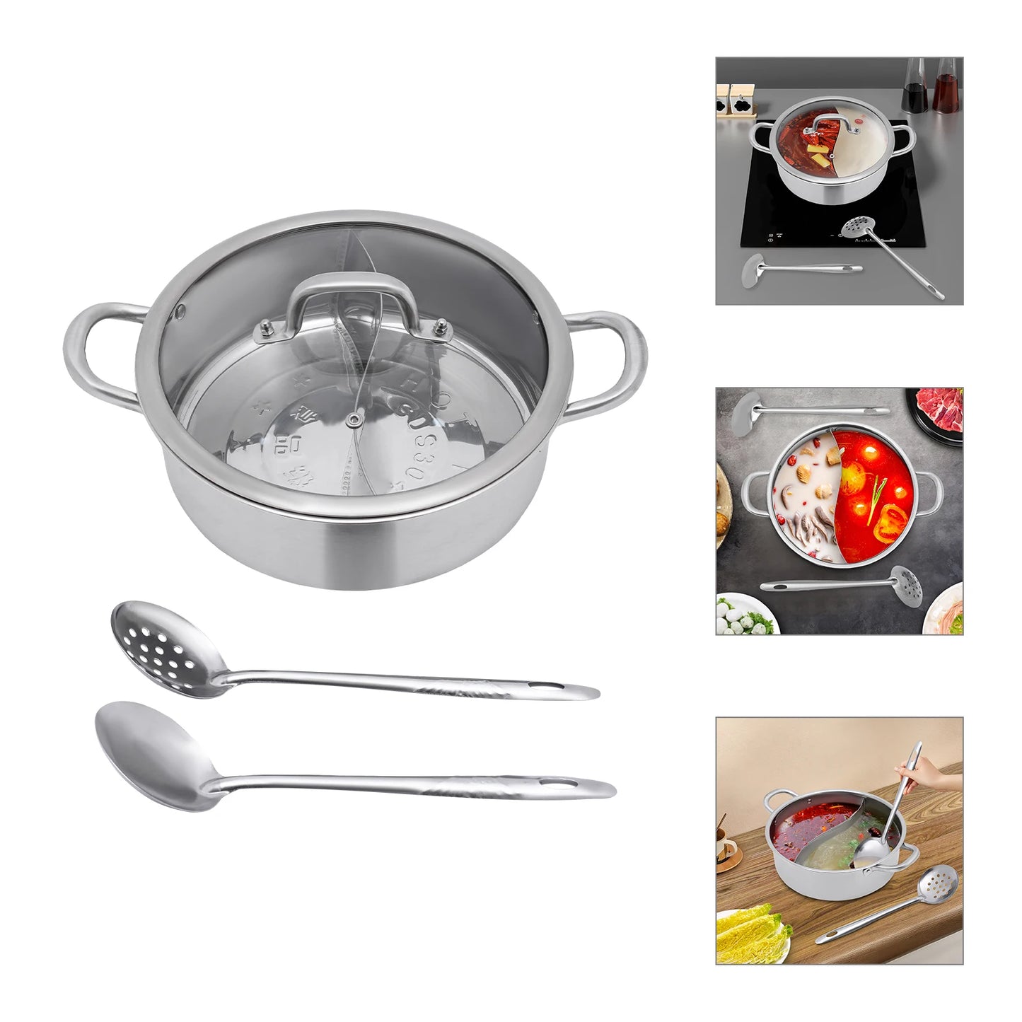 Hot Pot 304 Stainless Steel Hot Pot Cookware 2 Chambers Hot Pot Stove 28 cm Shabu Pot Cooking Pots with Dual and 2 Soup Ladles