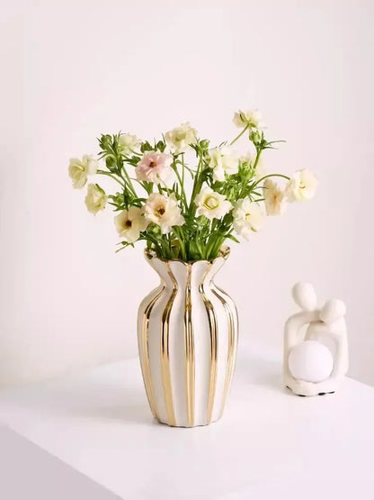 Nordic Retro Gold Painted Cream White Ceramic Vase Living Room Coffee Table Flower Arrangement Vase  Girl Flower Pot  Home Decor