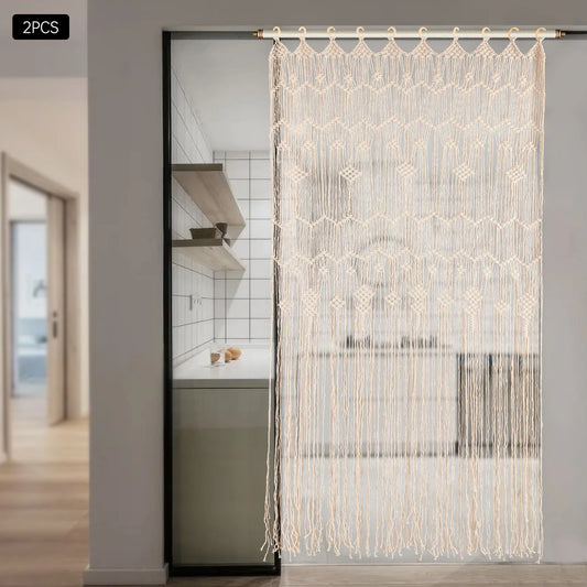 Handwoven Macrame Curtain Set of 2 Boho Room Divider Light Filtering Window Drapes with Wood Rings 39x79 Inch for Home Wedding