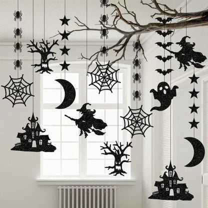 6PCS Halloween Hangering Banner Girland Scary Spider Witch Witch Ghost Bat Přívěsek Ornament Happy Halloween Party Dekorace pro domov