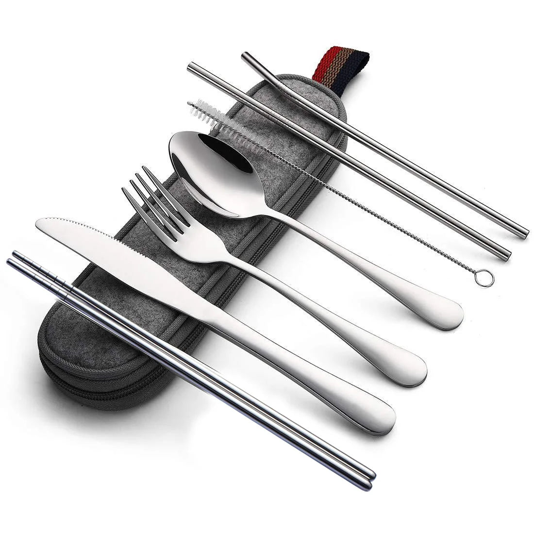 8PCS/SET -Tabellengeschirr wiederverwendbarer Reisebeck Camp Camp -Utensilien mit Edelstahllöffel Gabel -Stäbchen Strohhalm tragbarer Hülle