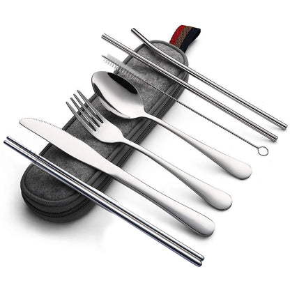 8PCS/SET -Tabellengeschirr wiederverwendbarer Reisebeck Camp Camp -Utensilien mit Edelstahllöffel Gabel -Stäbchen Strohhalm tragbarer Hülle