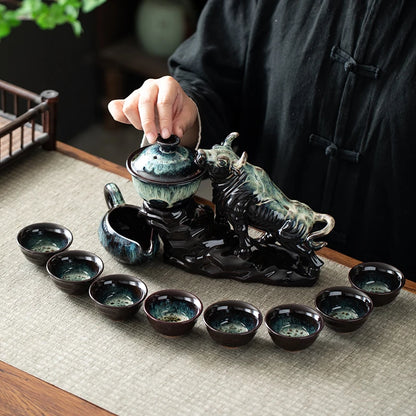 1 set of creative lazy tea set, semi-automatic cow teapot, magnetic rotating water guide, Chinese Kung Fu tea set