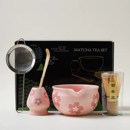 5PCS Flowers Pink Ceramic Bowl Matcha Tea Set Gift Box Safe Bamboo Brush Teaspoon Whisk Holder Matcha DIY-Making Tools ﻿