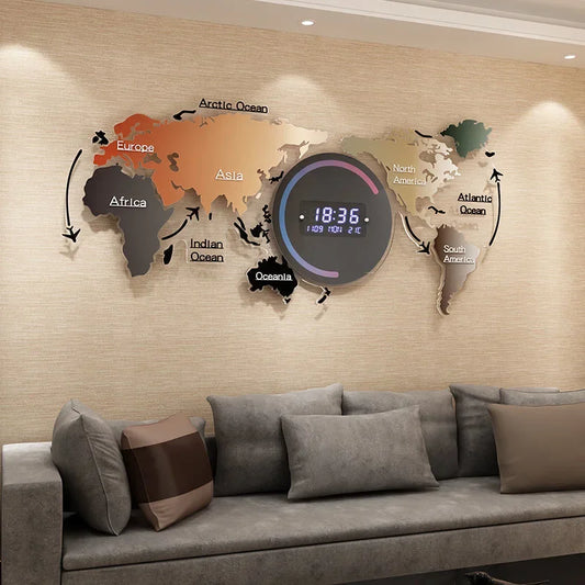 # 74x34cm Wall Decorative Acrylic Digital Wall Clocks Creative World Map Shape Smart Led Clock With Calendar #