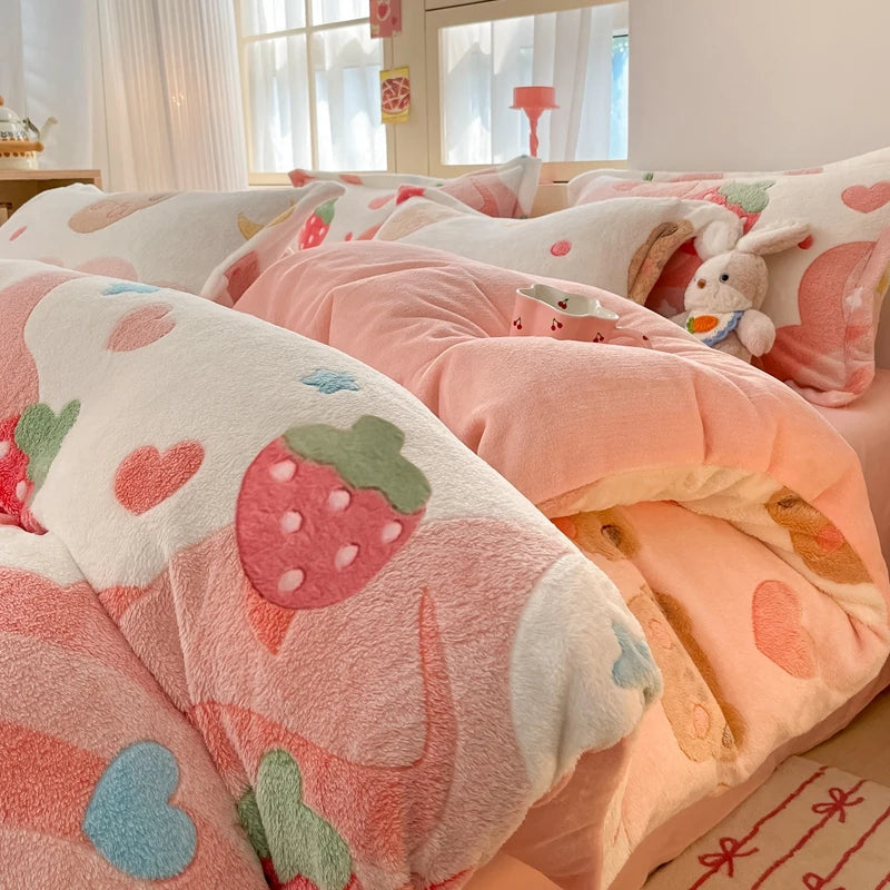 White Plant Flower Milk Velvet Duvet Cover Green Reversible Soft Skin-friendly Comforter Cover Adult Kid Bedroom Winter Bedding