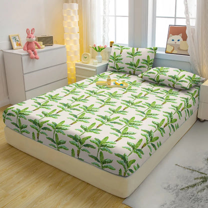 1 Simple Modern Plant Flower Printed Matte Fitted Sheet, Bedroom Printed Bed Cover, Bedding (Excluding Pillowcases)