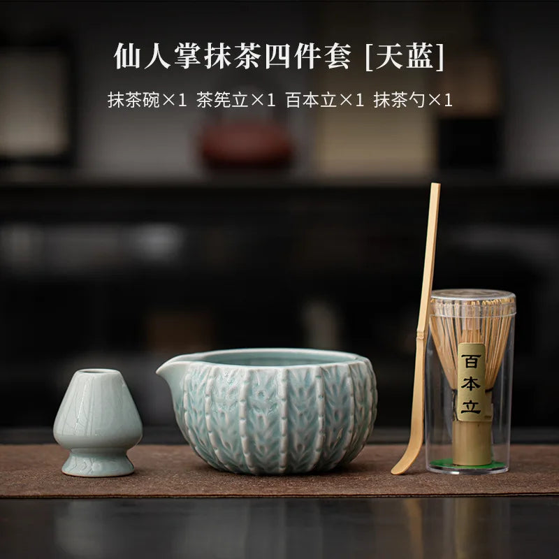 Japanese Cactus Matcha Set with Ceramic Bowl Bamboo Matcha Whisk Teaspoon Tea Sets Tea Lovers Gifts Tea-making Tools Accessories
