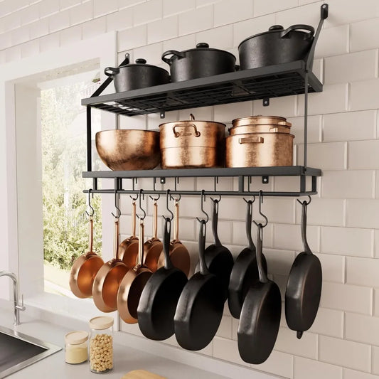 30-Inch Kitchen Pot Rack - Mounted Hanging Rack for Kitchen Storage and Organization - Matte Black 2-Tier Wall Shelf with Guard