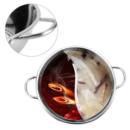 28/30 cm Twin Divided Hot Pot de acero inoxidable Cocina Hotpot Cooking Cocina Cocina Plato Plaza de gasolina compatible con estufa de gas