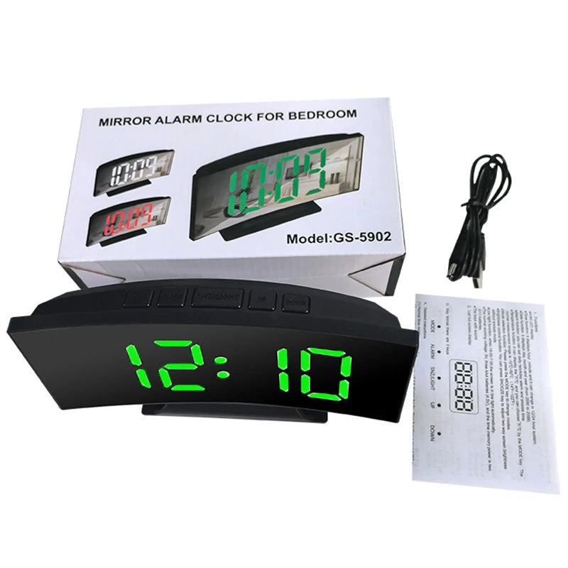Curved Screen Clock Digital Led Alarm Clock with Temperature Display Large Mirror Clock Snooze Bedside Table Clock Room Decor