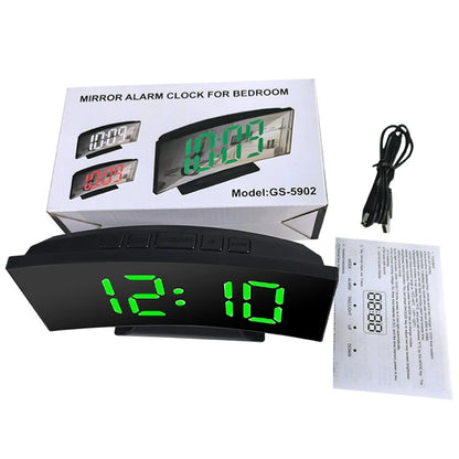 Curved Screen Clock Digital Led Alarm Clock with Temperature Display Large Mirror Clock Snooze Bedside Table Clock Room Decor