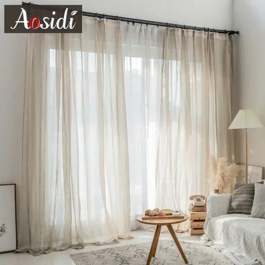Beige linen look tulle curtains for living room Modern flax sheer curtains for bedroom Solid voile cortina for kids window drape