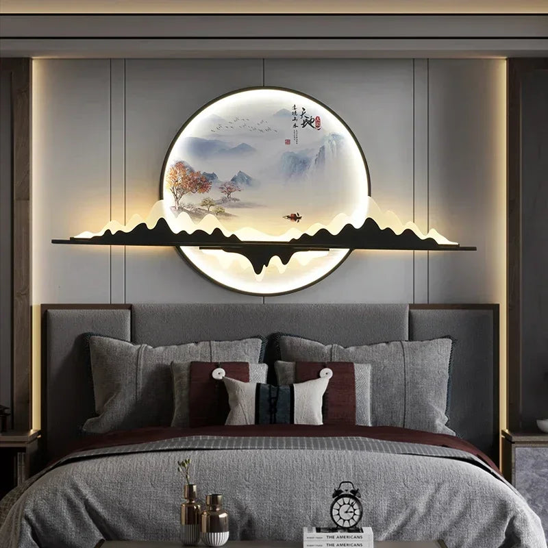OUTELA Modern Wall Picture Light LED Chinese Creative Circular Landscape Mural Sconce Lamp For Home Living Bedroom Study